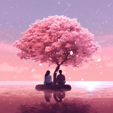 two people sitting under a tree in the middle of a pink field, pink pale background, falling petals, photo of, the tree is on top of a calm sea, pink bloomed lighting, pink cherry blossom tree on centred in image, cliparts in vector illustration.