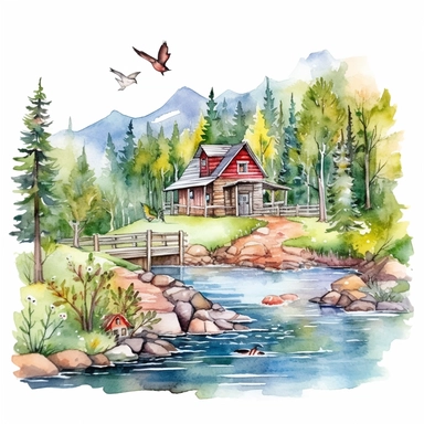 watercolor clipart painting of a Colorado mountain landscape, with evergreen pine trees, pinecones and sage green trees, with some yellow aspen trees and white birch trees, log cabin in the wood with smoke coming out of the chimney. there is a little bridge over the blue and green stream with rocks and lily pads in the babbling brook, a red cardinal and some hummingbirds, butterfly and dragonfly, a dusk sky with a moon and a few stars, hd, magical and whimsical illustration with a little gold gl