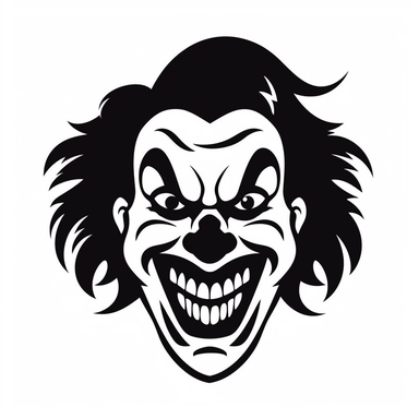 black and white silhouette of a terrifying cartoon halloween clown with sharp teeth, clipart style, white background, thick lines, vector, simple design, flat colour, solid colour, halloweencore