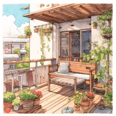 watercolor, hyper realistic, white background, white margins, 16k, ultra detailed clipart, cut out image, hand-drawn, whimsical manhwa style, ultra HD, sharp and clean art cozy balcony with a wooden bench, a small coffee table, and a few cushions, surrounded by flowering plants, overlooking a quiet street