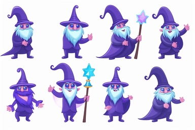 6 Cute purple blue Wizards Master with magician trophy Clipart, on white background, 4K, Ultra-HD, wizardcore