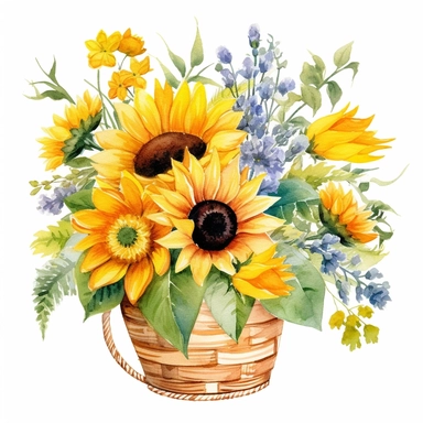 watercolor summer flora sunflower basket vase bouquet clipart sublimation for decoretive wedding invitation birthday greeting gift cards white background