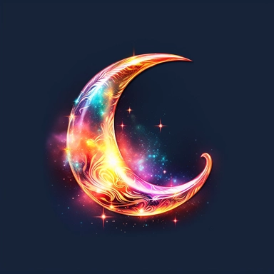 holographic crescent moon made out of flames, a unique and captivating interpretation of this celestial object. The watercolor clipart style brings a dreamlike quality to the scene, accentuated by the subtle glow from the flames. The colors used are eye-popping, with vibrant oranges and reds, and the holographic effect adds a sense of wonder and otherworldliness. The composition is carefully crafted to showcase the fiery crescent moon at its best, with attention paid to the placement of the flam