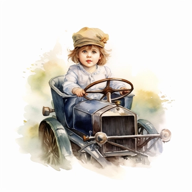 Watercolor Victorian baby girl in driving a ford t car from the era clipart , on a white background, Illustration clipart, 4K, extremely detailed