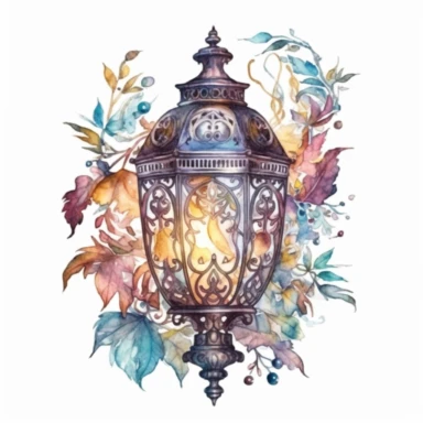watercolor Clipart of a magical lamp, filigree, on a white background