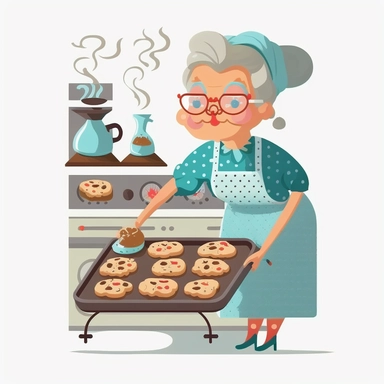 a cute clipart mother middle age woman with hair tied making a bun is making cookies for breakfast, there is an oven, she is wearing an apron, half body, zoom in the cookies on the baking tray, white transparent background