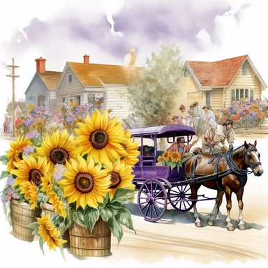 a country small town parade from the early 20th century with one wagon full of sunflowers and lavender watercolor clipart no fonts no letters no words