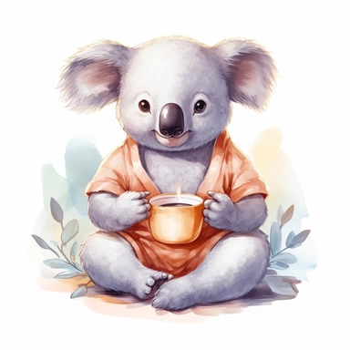 yoga happy koala, cartoon Clipart, Mr wanderful style, white background, tea time, 8k