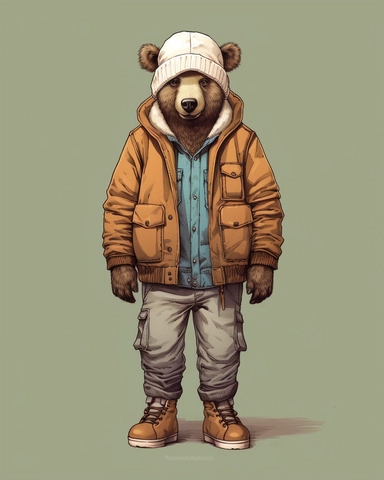 brown bear in a white tracksuit ,wearing a hat,full body shot,with jean jacket,brown pans,boots,scarf,contrasting colors,style of Anna Süßbauer and Jon Klassen,vector, realistic hyper-detail, in the style of victorian-inspired illustrations,realistic shading, pictorial fabrics, contest winner, organic designs, on a plain white background, clipart, masterpiece, trending on Artstation and Dribbble.