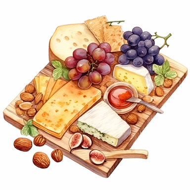 Watercolor cheese platter with wallnuts and grapes and raisins and figs nicely placed along with cheese on a very large wooden flat plate or cutting board, illustrations clipart set, simple, soft colors, cartoon elements, different variants, cheese from around the world, wooden elements, separate elements with a margin