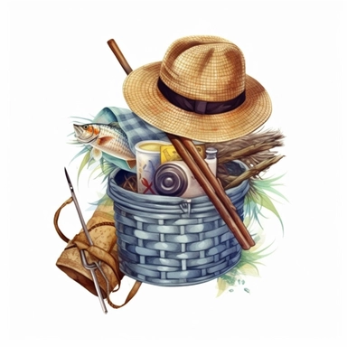 fishing basket And Hat Sublimation Clipart,Cartoon,hyper realistic, intricate detail, illustration style,high solution,on the white background