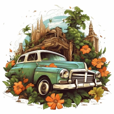 old car, close up, a sticker, artwork of t-shirt graphic of the majestic forest, in digital painting style, beautiful flowers, sunset mountains and clouds, big vines, stone temple covered in vines, plants surrounding, highly detailed clean, vector image, photorealistic masterpiece, professional photography, realistic, flat white background, isometric, vibrant vector, clipart, illustration, realism, 4k, cinematic, front view, paradise, extremely white background