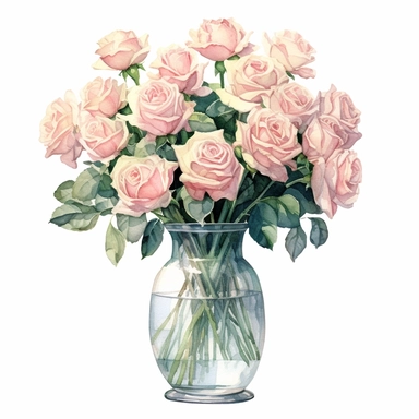 watercolor huge buquet of 30 tiny pink Roses in a Glass Vase clipart