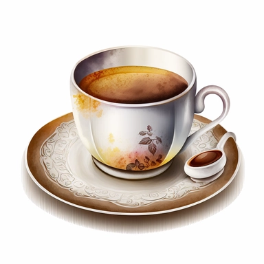 watercolour white china coffee cup on white china coffee plate with americano coffee beautiful cup of americano coffee beautifully detailed perfect cup of coffee,png image,high resolution,300dpi,graphic clipart,computer graphics