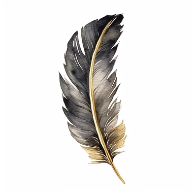 watercolor black feather with gold metalic detailing clip art