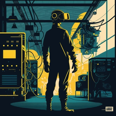 worker wearing vr headset, man, standing in an assembly plant, gauges, coding, vr developer, virtual reality, poster, simplistic, abstract, vector, 2d illustration, clipart, few colors