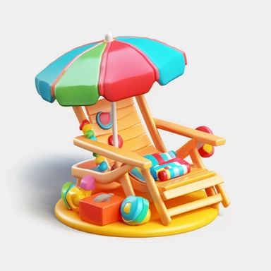 cartoon beach chair beach ring beach chair vector illustration png clipart, in the style of rendered in unreal engine, translucent overlapping, miniature dioramas, wet-on-wet blending, uhd image, colorful patchwork, packed with hidden details