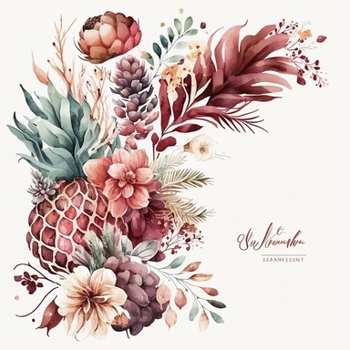 watercolor dusty burgundy floral in the far bottom left corner and far top right coner only, and pineapples in the far bottom left left corner and far up right corner only, clipart, coral, white background, no text