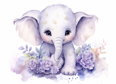watercolor cute little baby elephant holding a romantic flower, in the style of light silver and light purple, victorian-inspired illustrations, nature-inspired pieces, 5 sets of clipart of different playful compositions, plush doll art, high resolution, isolated on a white background