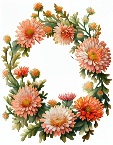 detailed vibrant watercolor attractive peach aster flower wreath with very wide middle white space , isolated on white background, realistic, clipart