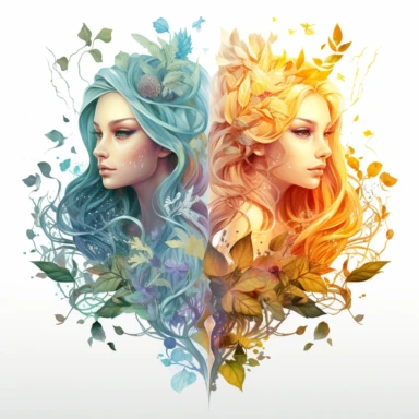 Ethereal nature elemental witches, representing (earth, fire, water and air )Clipart sheet in the style of Anna Dittmann, vivid, separated with a margin, white background