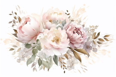 dusty pink and white flowers, peonies, austin roses, big blooms, with muted green whispy foliage with gold flicks, elegant and beautiful floral clipart for wedding invitations, delicate, watercolor, oil painting, defined edge on white background
