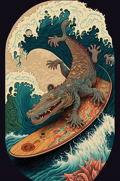 a painting of a cartoon alligator riding kanagawa wave on a longboard surfboard, behance contest winner, psychedelic art, paisley, beautiful waves in sea, james jean and clyde caldwell, clipart, hi - fructose art magazine, katherine lam, artgram, marc newsom, sovietwave,