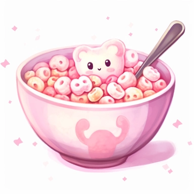 kawaii pink bowl of cereals with a spoon inside de bowl, pastel dusty pink palette, super cute, so adorable that is breaks your heart, full body, watercolor clipart, isolated on white background, cute-core
