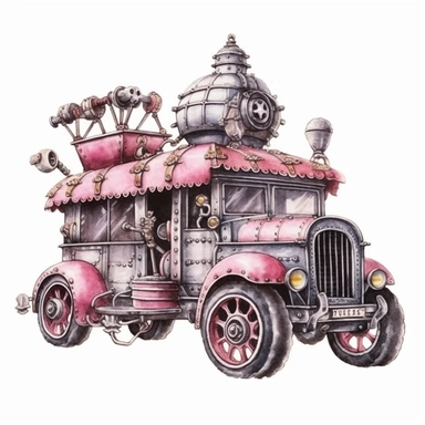 pink watercolor steampunk circus clown car, clipart, metallic, gears, iron pink gray black, 32k. highly detailed