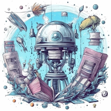 science fiction scene coming out of an open book, rockets, ufos, robots, magical, watercolors, Clipart, pastel blue color theme, intricate and detailed