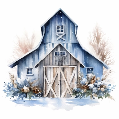 vector watercolor close up blue and gold winter christmas barn decorated in Christmas style decor in winter clipart on white background, close up view, winter christmas barn, blue and goldChristmas color scheme, photorealistic, ultrarealistic, no background, on white