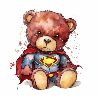 watercolor clipart super cute baby teddybear in superhero Iron Man Clothes, Neal Adams