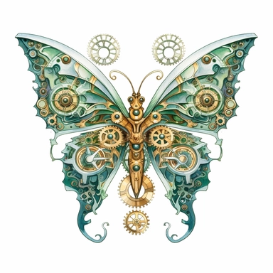 A delicate butterfly with wings detailed with intricate clockwork gears and cogs, with its colors echoing the shine of gold and green watercolour clipart, white background, no watermarks