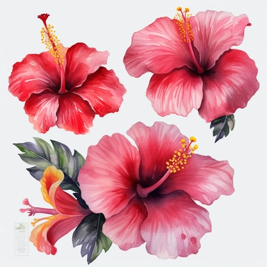watercolor Hibiscus - Hibiscus flowers are large and colorful, with petals that come in shades of pink, red, and yellow. They are often used in tropical-themed decor and are associated with warm weather and sunny days. vividly bold designs png Full body realistic cartoon in 32K UHD cute. 15 cm thick outline. Black color. There was no shadow on the ground. 8k with realistic watercolors. and detailed illustrations. PNG clipart, transparent white background