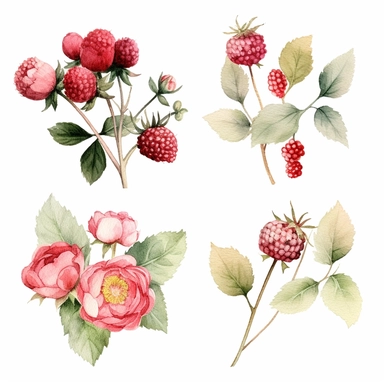 watercolor A clip art 4 set of images featuring a rustic bouquet of roses with raspberries isolated white background, minimalist, 8K
