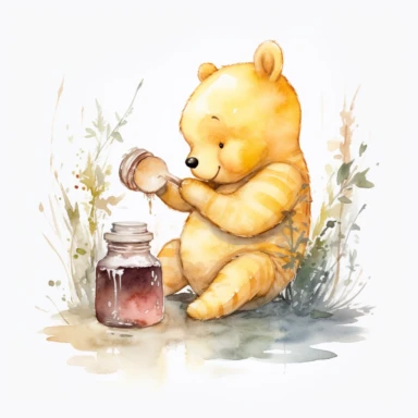 watercolor cute winnie the pooh eating honey from a jar in nature, very detailed, clipart, modern style, white background, 8k