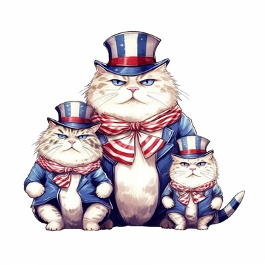 a family of fat chubby cat on 4th of July dressed in America t-shirts, funny, very funny, clipart with crisp lines and white background