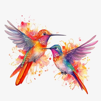 watercolor hummingbirds, high details, intricate details and no color bleed, HD, 8k, solid white background clipart