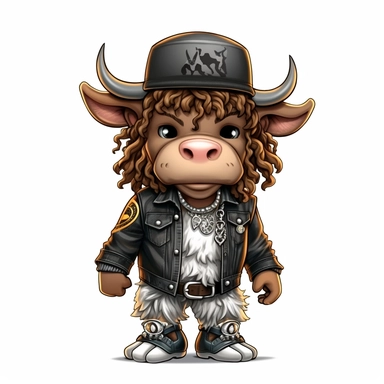 highly detailed clipart of a furry baby long haired breed cow calf like person standing up wearing a baseball cap and dressed in 2000's style hip hop rapper fashion and sneakers and jewelry. child like looking furry long haired breed of cow. Nelly the rapper style.