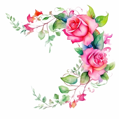 clipart, flowers in the shape of a curve or border for corner, one per page, watercolor clipart, hot pink roses and green leaves, isolated on white background,