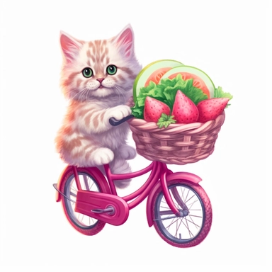 Create a clipart of a kitten riding a pink bicycle with a basket full of picnic food, ready for a day in the park. Low detail. White background, soft lighting. In the style of Bob Ross