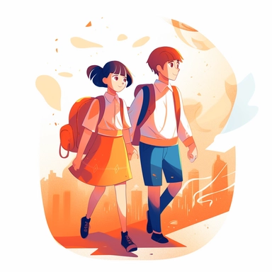 girl and boy together go to school illustration, the first of September, children storybook illustration. 2d, vibrant luminous colors, flat style, ink Lines, clipart, white empty background, sharp, high resolution, blue orange warm