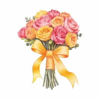 Design a dreamy watercolor clipart of a hand-tied Bouquet with ribbons of bright yellow, orange, and pink flowers arranged in a joyful and energetic style composition, hand-painted with soft and graceful brushstrokes. Draw inspiration from the artistic finesse of Ethereal Petals Watercolors for a refined and ethereal depiction. isolated on a white background, hand-drawn illustration, hand-painted watercolor texture, 16k UHD resolution, intricately detailed, sharp focal points, designed by Ana Vi