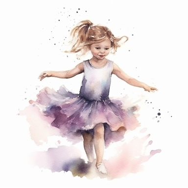little girl dancing in tutu, watercolor, pastels, whitebackground, clipart