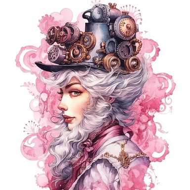 pink watercolor steampunk bearded lady clipart, metallic, gears, iron pink gray black, 32k. highly detailed