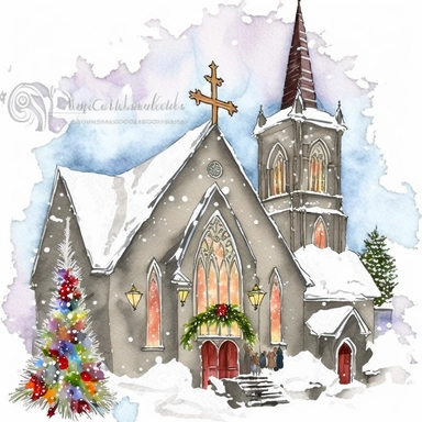 christmas wedish church, clipart, watercolor, white background, style of Inga Moore