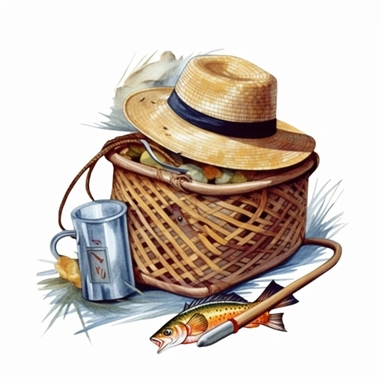 fishing basket And Hat Sublimation Clipart,Cartoon,hyper realistic, intricate detail, illustration style,high solution,on the white background