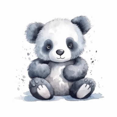 Cute fluffy panda clipart illustration on white background, cuddly cartoon watercolor