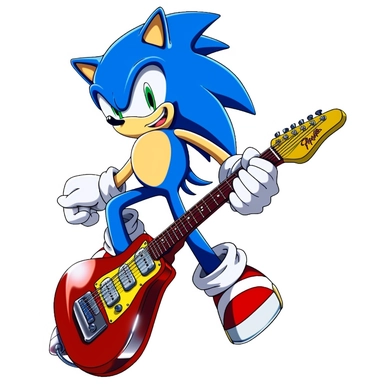 Classic Sonic style, Sonic CD style, the Blue Hedgehog in red shoes, in Toei anime movie style, riding an electric guitar like a snowboard, down a hill, clipart, in Toei anime movie style