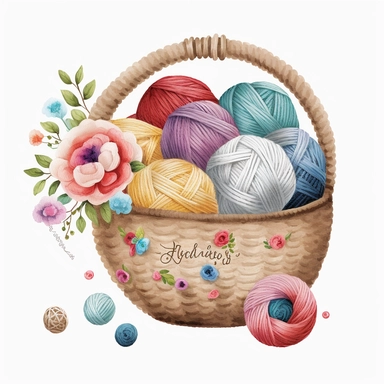 rochet Clipart PNG Watercolor Yarn Ball in Basket Sublimation white background
